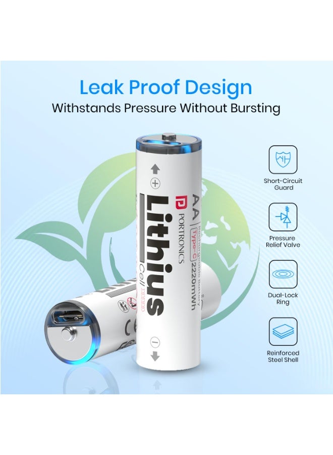 بورترونيكس Portronics AA Lithius Type C Rechargeable Batteries, Pack of 2, Lithium Ion Cell Composition, Upto 1480mAh Capacity, Low Self Discharge, No Separate Charger Required (White) - Image 3